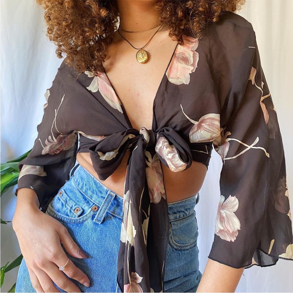 Vintage Floral Tie-Front Brown and Pink Top